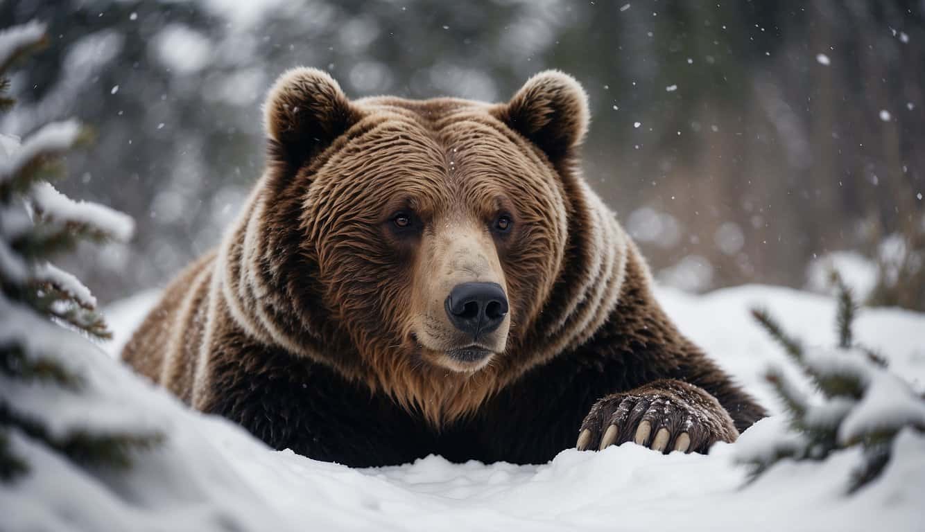 A grizzly bear lies nestled in a snow-covered den, its chest rising and falling with a slow, steady rhythm. Snowflakes gently fall around the peaceful creature, creating a serene and tranquil winter scene