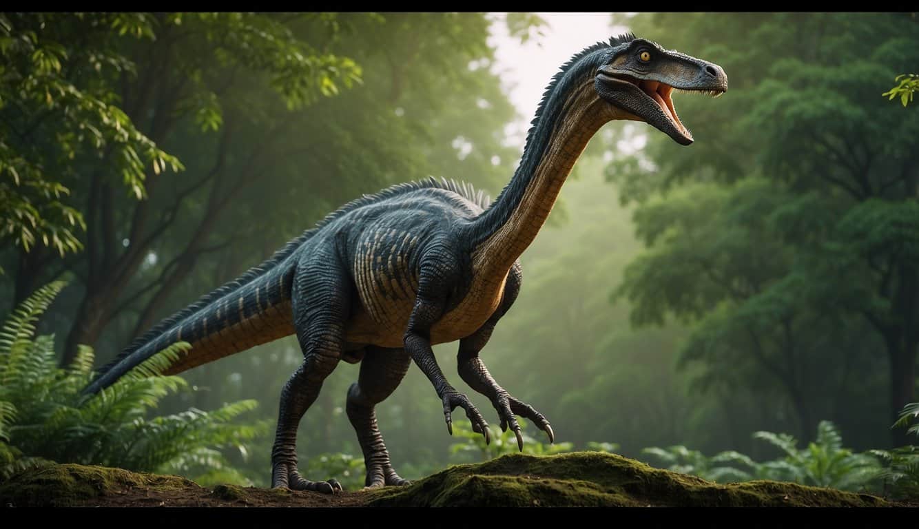 A Therizinosaurus stands on its hind legs, its long neck reaching for the leaves of a tall tree. Its massive 3-foot claws are poised to strip the foliage or defend against predators