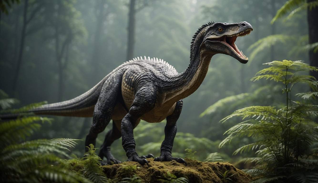A Therizinosaurus stands tall, its massive 3-foot claws poised for action. Surrounding foliage is stripped bare, evidence of its leaf-stripping prowess or formidable defense capabilities