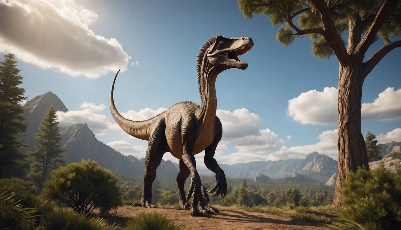 A Therizinosaurus stands on its hind legs, towering over the prehistoric landscape. Its long neck reaches for the leaves of a tall tree, while its massive 3-foot claws are prominently displayed