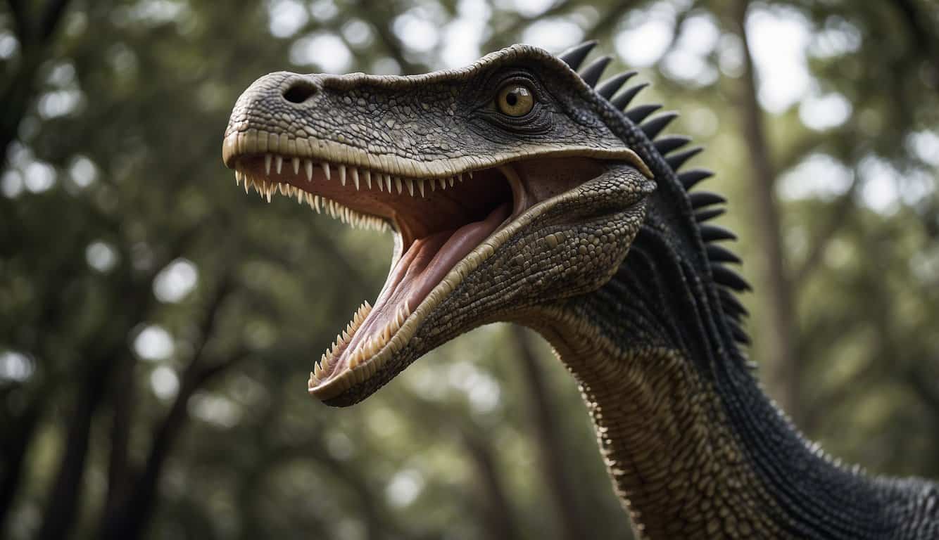 Therizinosaurus' massive claws reach out, towering over modern relatives. The sharp, curved talons stand as nature's ultimate tools for stripping leaves or defending against predators