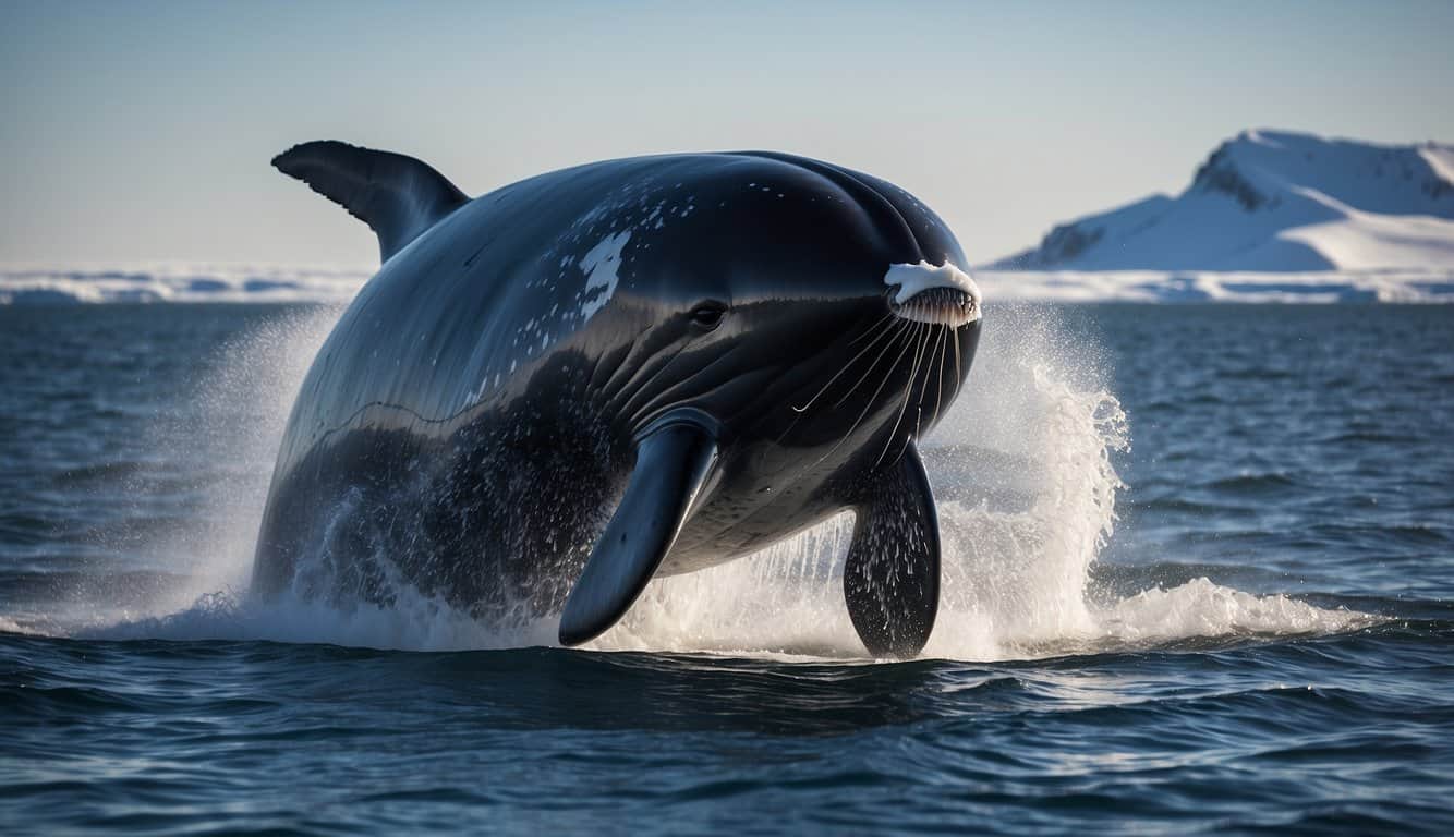 A majestic bowhead whale breaches the surface, its massive body gliding through the icy waters of the Arctic. The ancient giant exudes strength and resilience, a testament to its remarkable 200-year lifespan