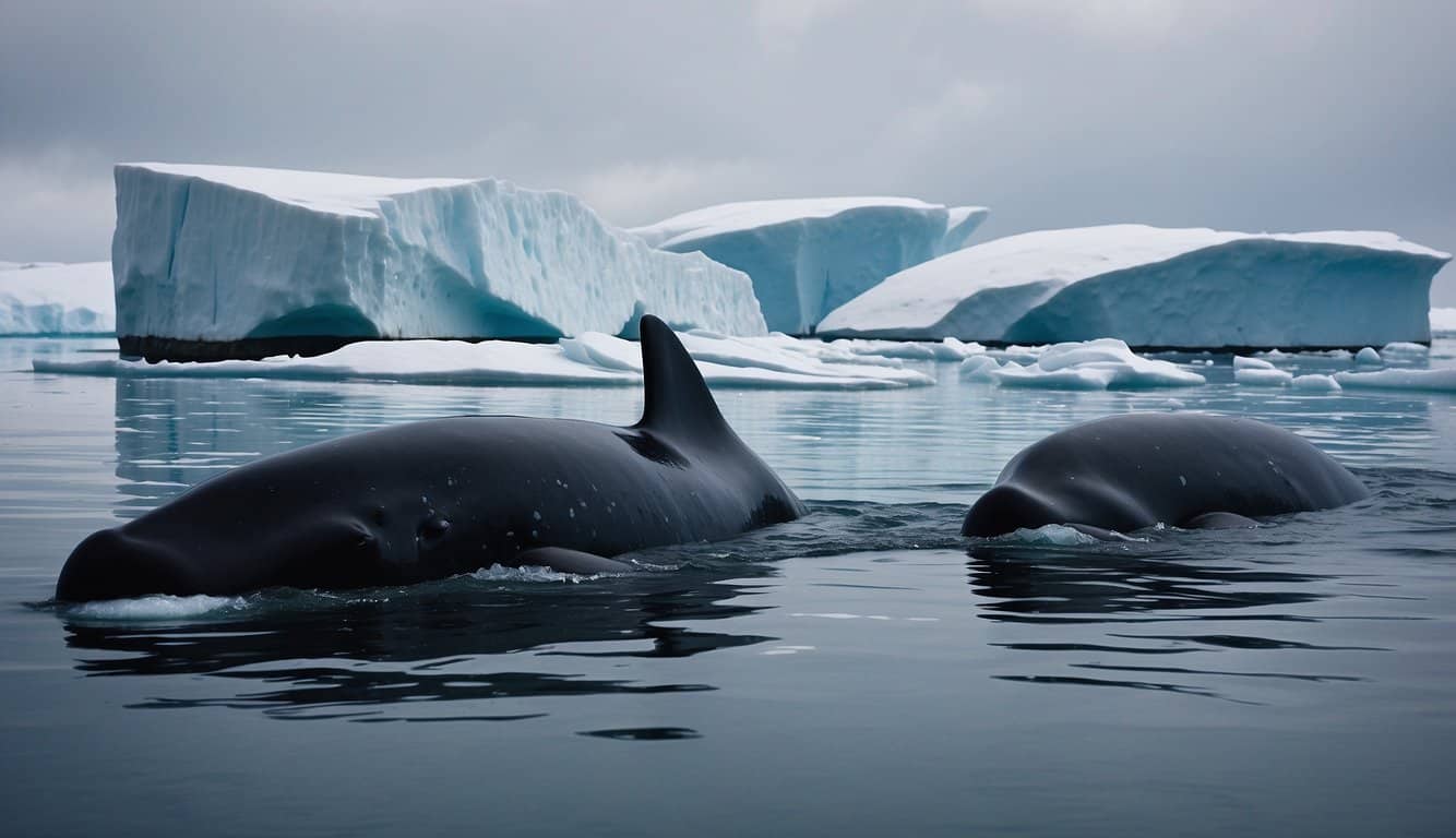 Bowhead whales glide gracefully through icy waters, their massive bodies dwarfing the surrounding icebergs. Their ancient, weathered skin tells the tale of centuries of survival in the harsh Arctic environment