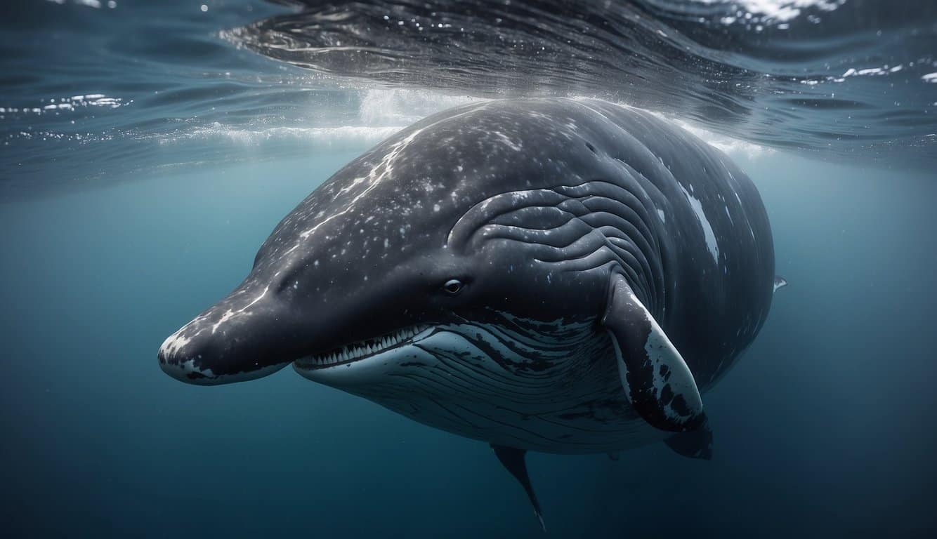A bowhead whale swims gracefully through icy waters, its massive body displaying centuries of wisdom and resilience