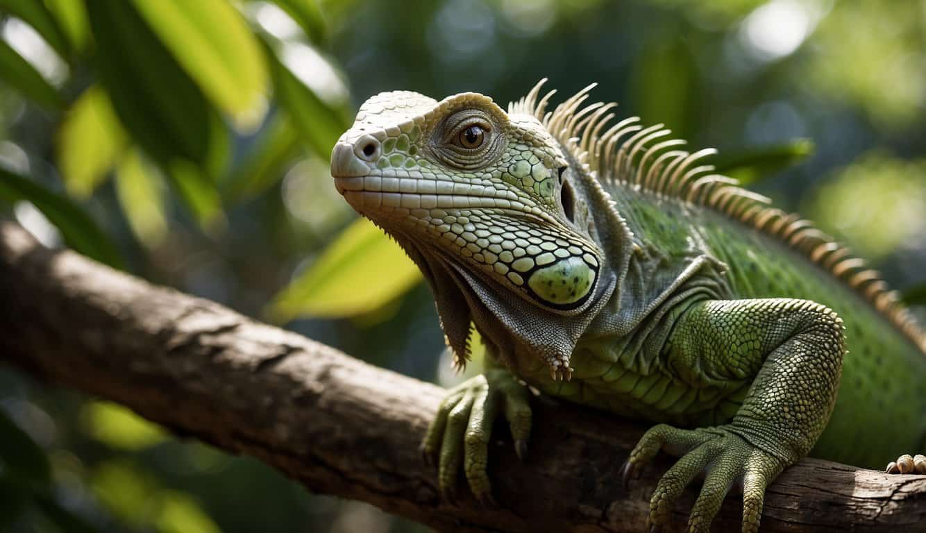A green iguana perches on a branch, its scales glistening in the sunlight. Its third eye is depicted as a small, translucent spot on its forehead, adding an air of mystery to the creature