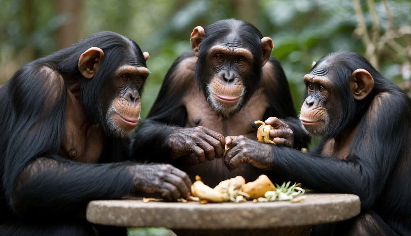 Chimpanzees grooming each other, sharing food, and comforting a distressed member of their group