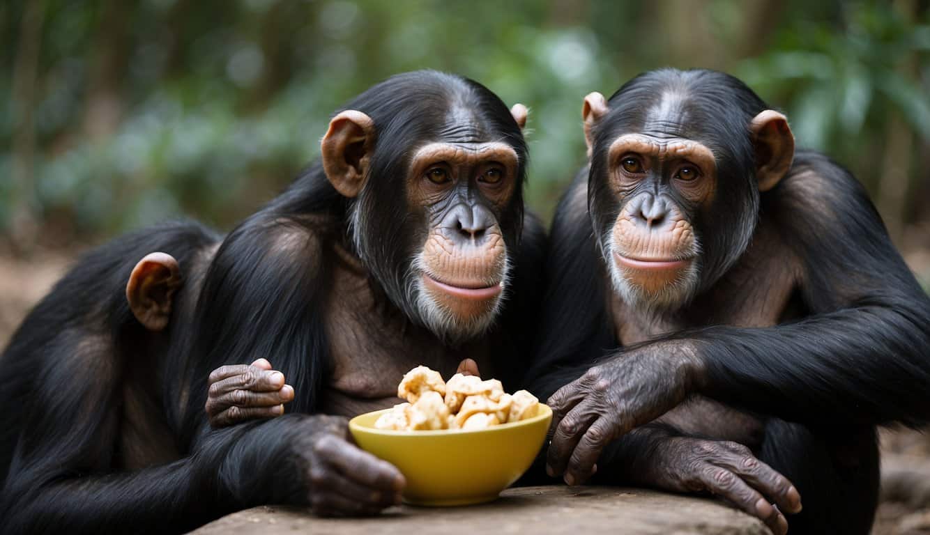 Chimpanzees grooming each other, sharing food, and comforting a distressed member of their group