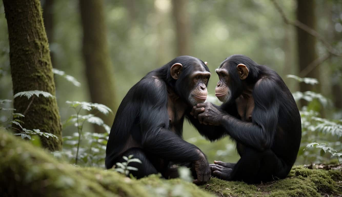 Chimpanzees grooming each other in a peaceful forest clearing, exchanging gentle touches and soothing vocalizations