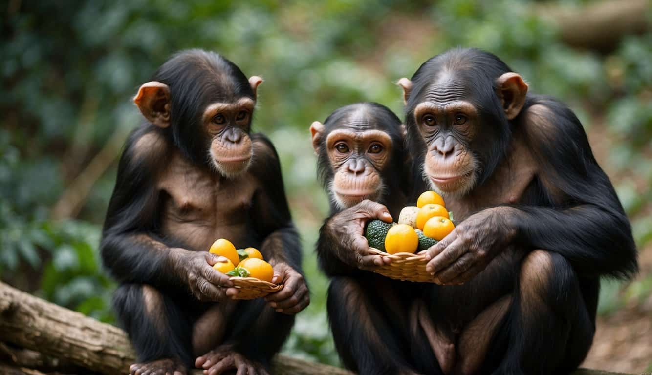 Chimpanzees sharing food with a younger member of their group