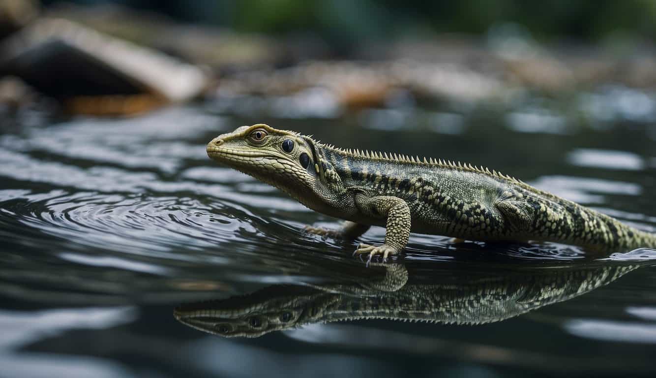 A basilisk lizard sprints across the water's surface, defying gravity with each step. Its slender body is poised and its webbed feet create ripples as it moves effortlessly forward