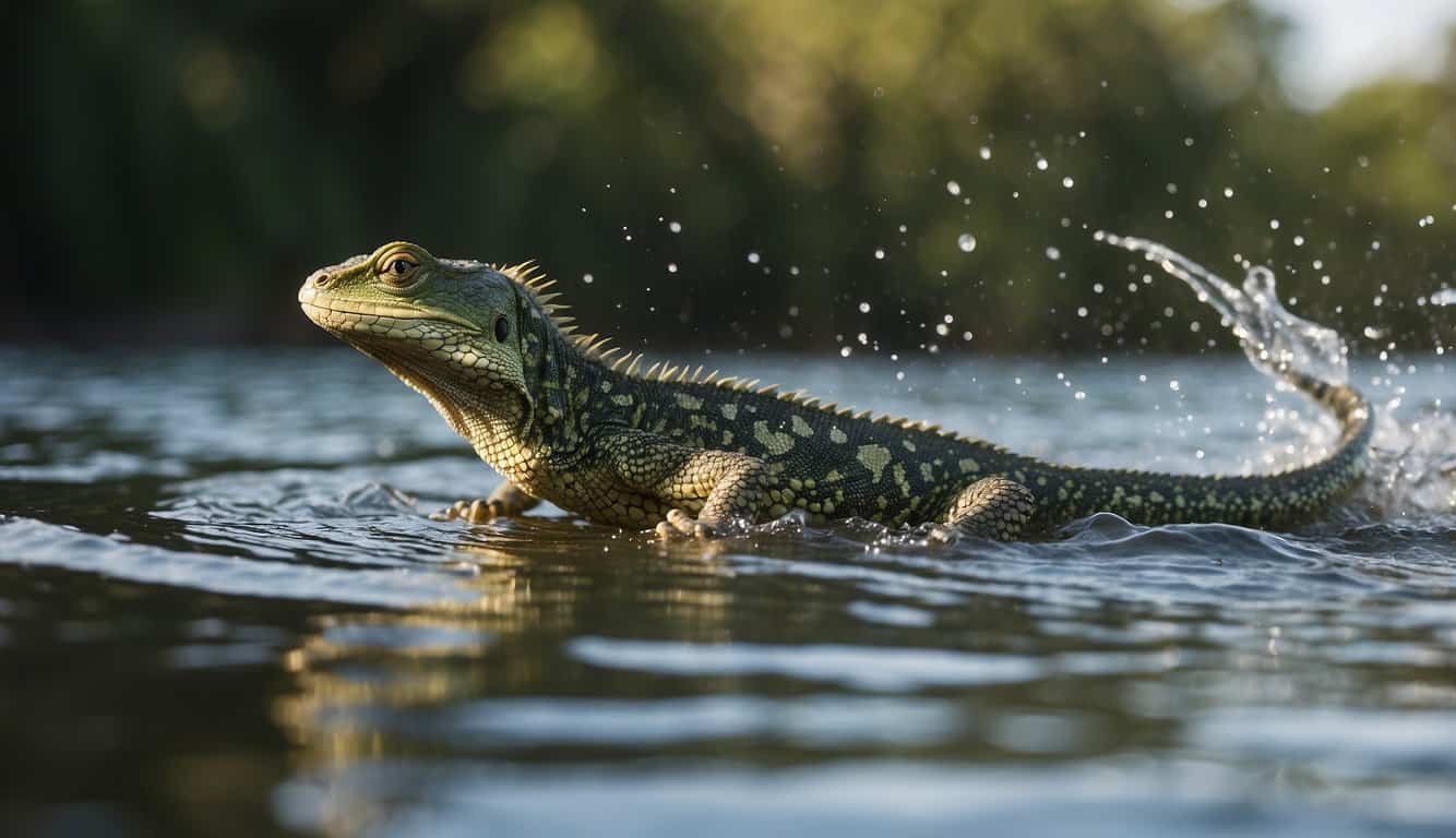 Basilisk lizards sprint across the water's surface, their webbed feet creating ripples as they defy gravity in a mesmerizing display of speed and agility