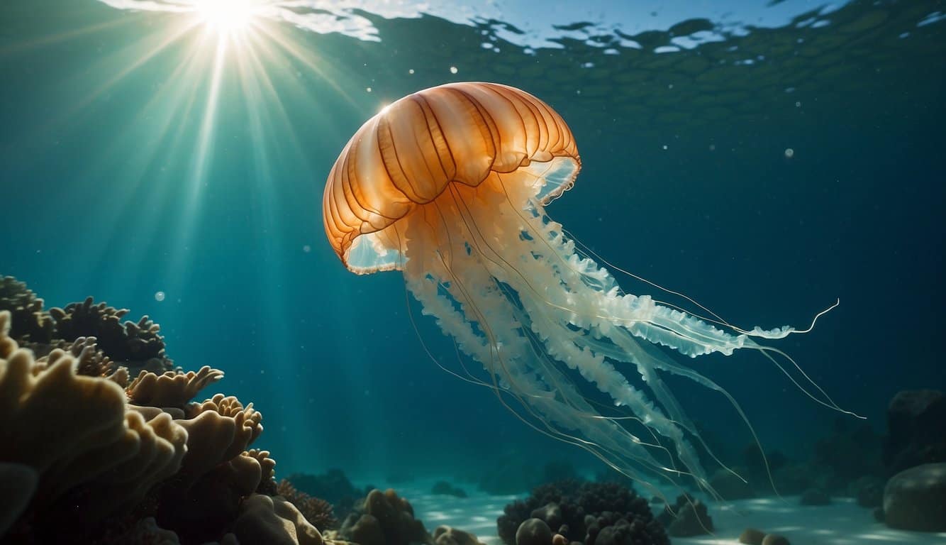 A serene ocean scene with a glowing immortal jellyfish pulsating in the water, surrounded by vibrant marine life and shimmering sunlight filtering through the waves
