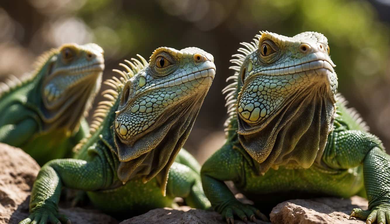 A group of green iguanas basking in the sun on a rocky outcrop, their vibrant scales shimmering in the light. One of them is depicted with a prominent third eye on its forehead, gazing out at the world
