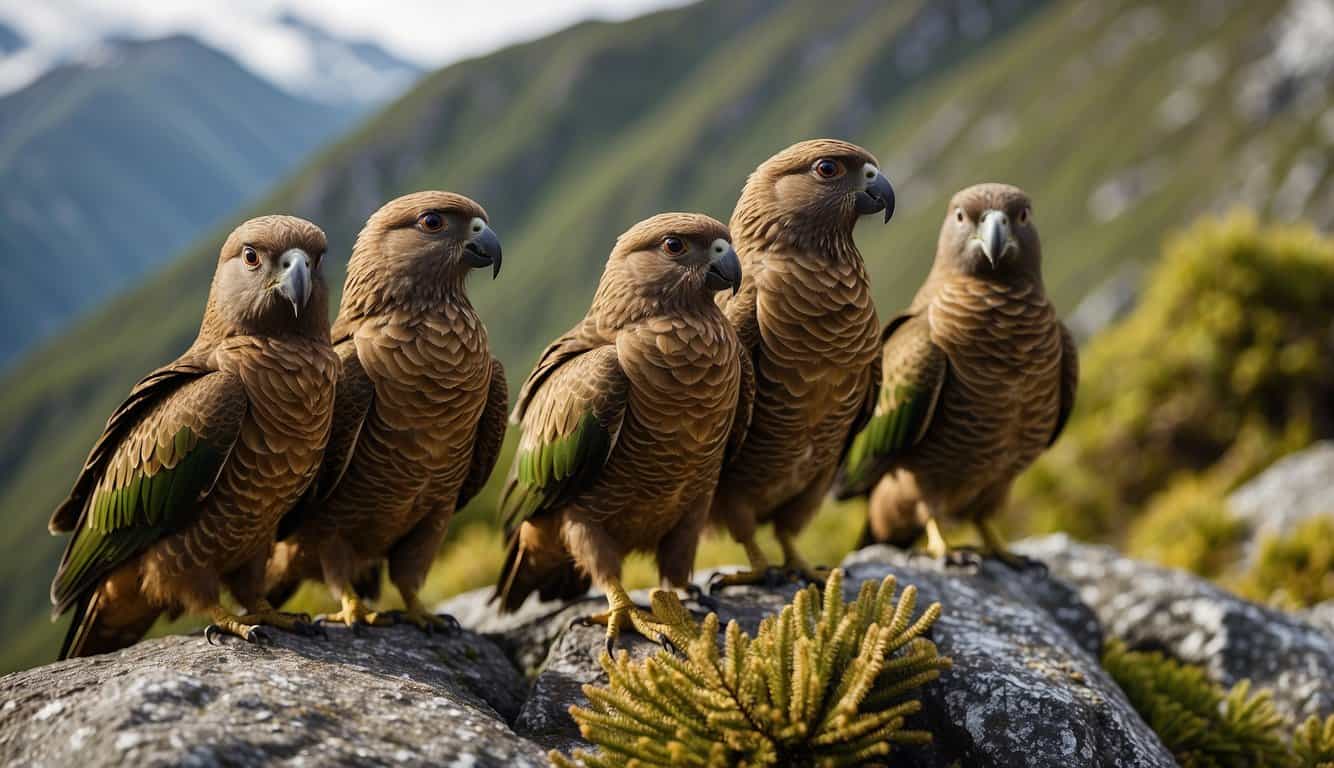 A group of Kea birds perched on rocky cliffs, surrounded by lush greenery and snow-capped mountains in the background