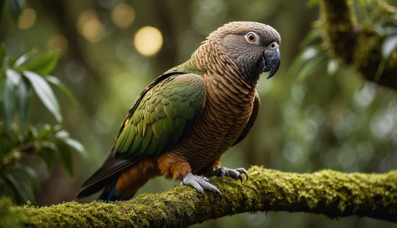 A clever kea perches on a tree branch, solving a puzzle box with its beak. The vibrant feathers of the parrot stand out against the lush green foliage of the New Zealand forest