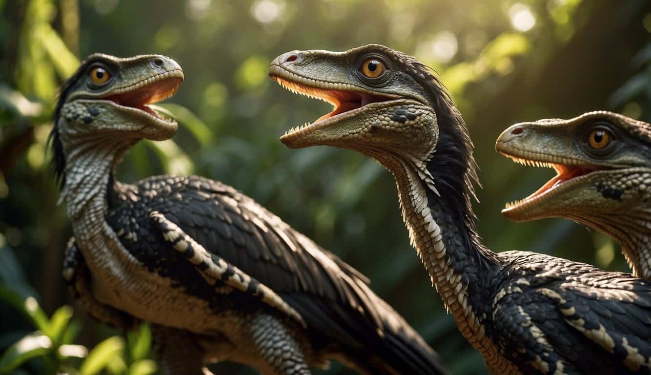 Velociraptors stand tall in a lush jungle, their feathered bodies glistening in the sunlight. One raptor peers curiously at a small insect, while another lets out a piercing screech, showcasing their bird-like nature