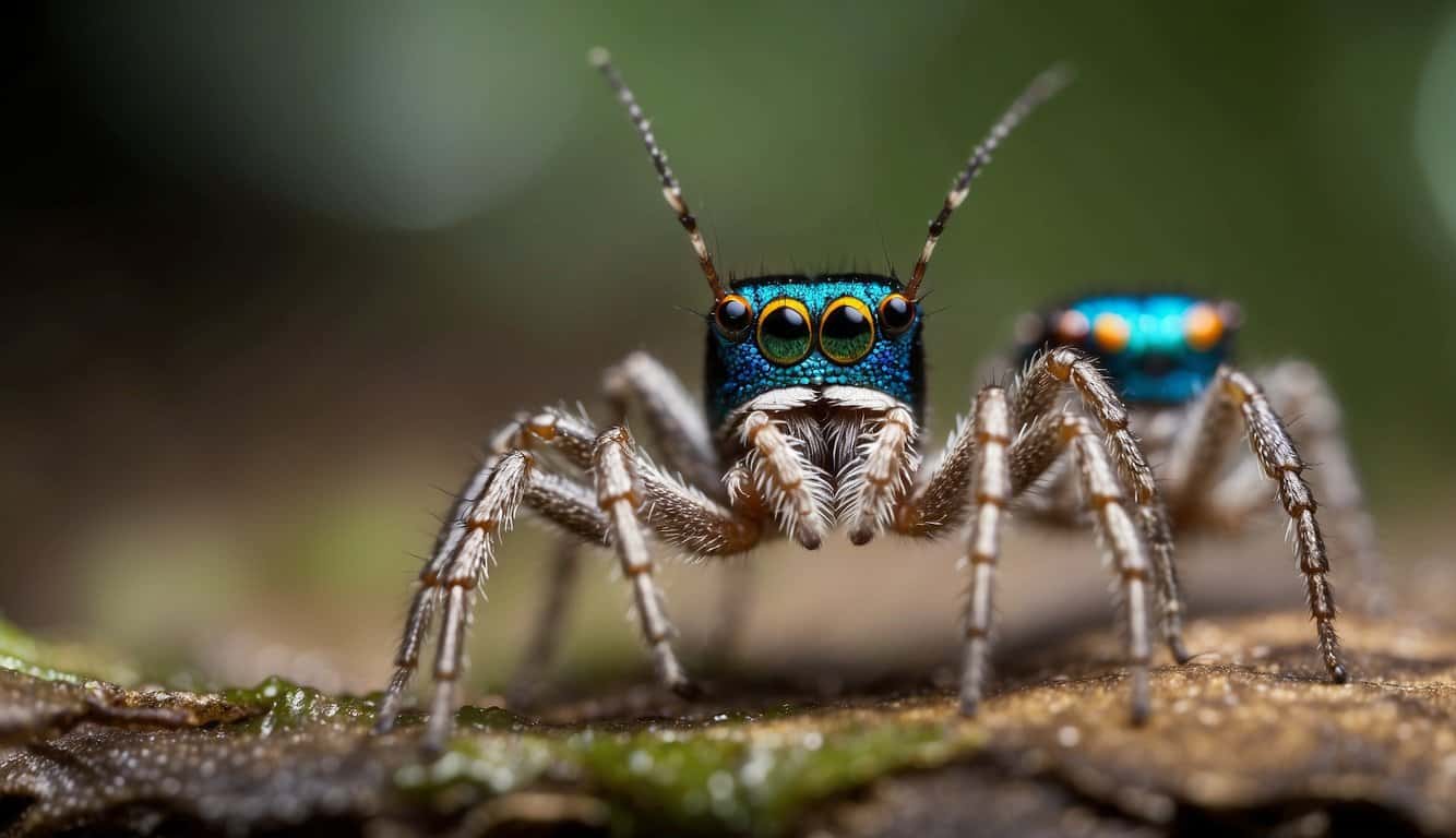 Peacock spiders perform intricate mating dances on dewy forest floors, their iridescent bodies shimmering under the dappled sunlight