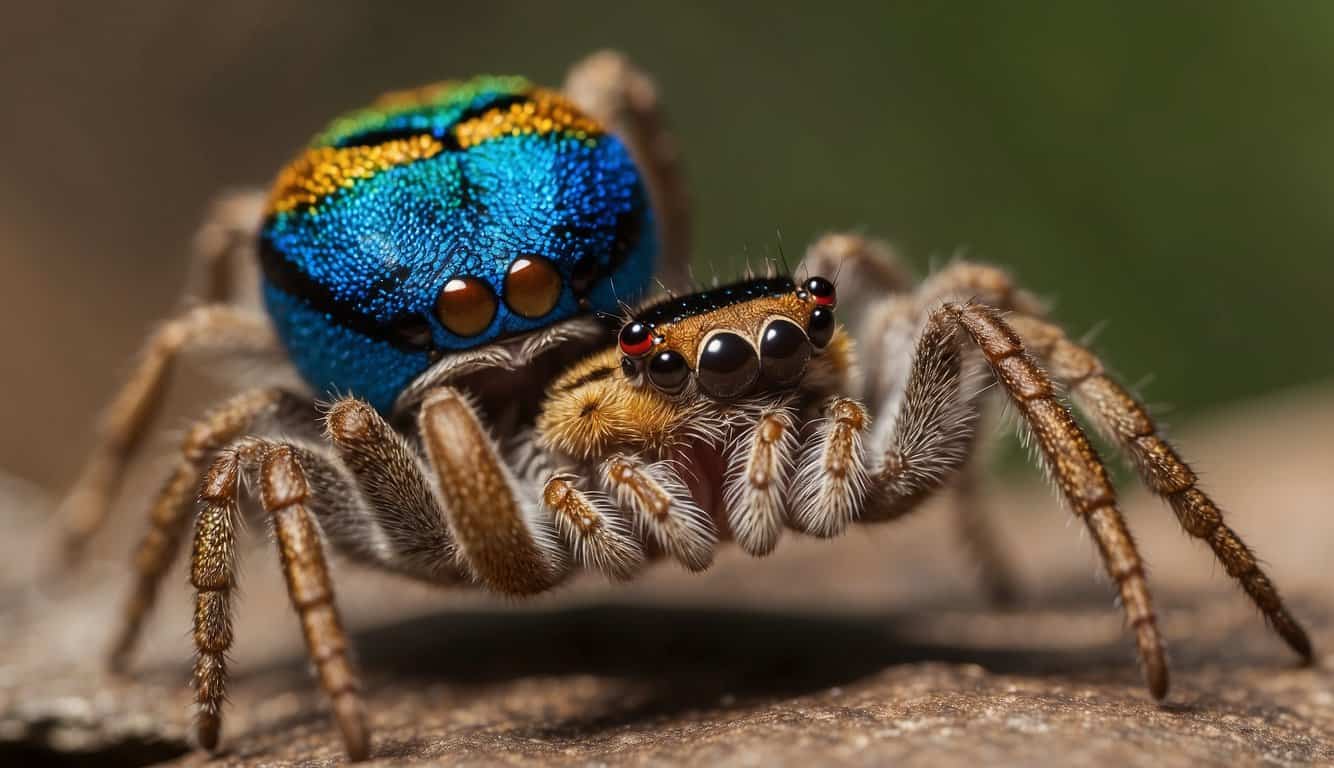 A peacock spider displays vibrant colors on its body while performing a courtship dance to attract a mate