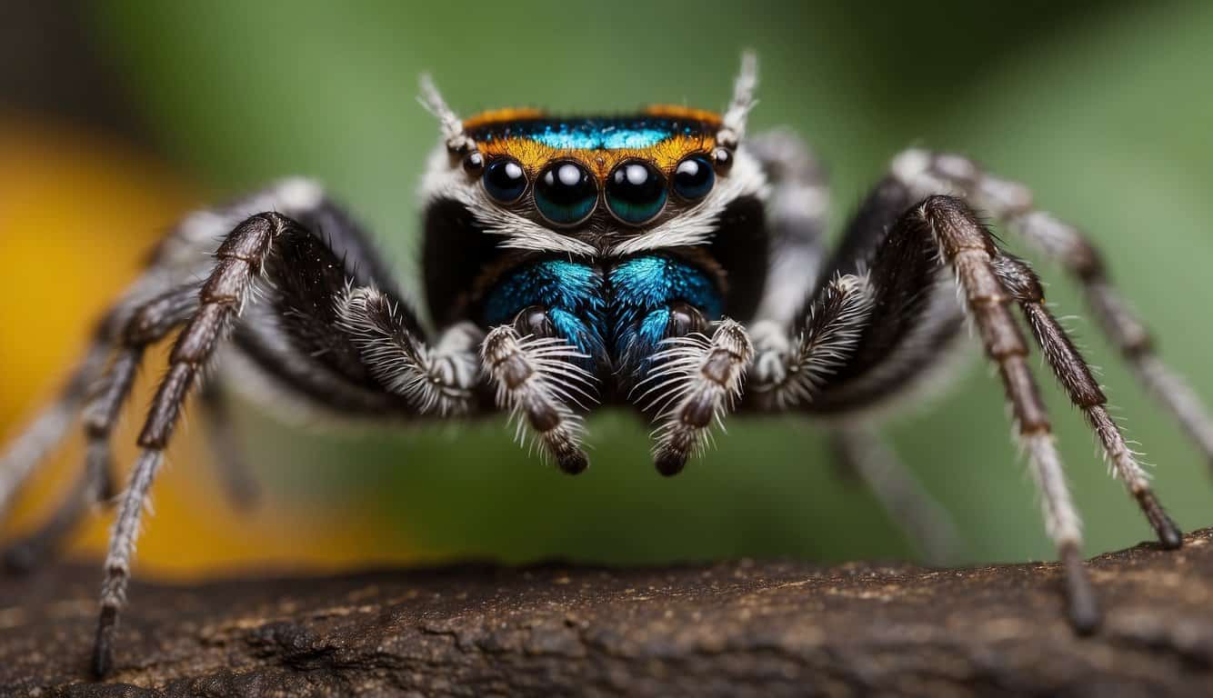 Peacock spiders in vibrant colors, dancing on leaves and twigs, displaying intricate patterns and movements
