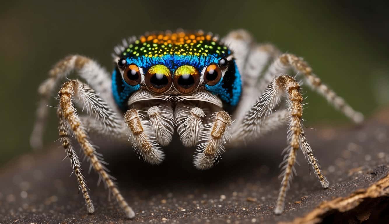 A male peacock spider performs an intricate courtship dance, displaying vibrant colors and intricate patterns on its body. The spider moves with precision and grace, captivating its audience with its mesmerizing performance