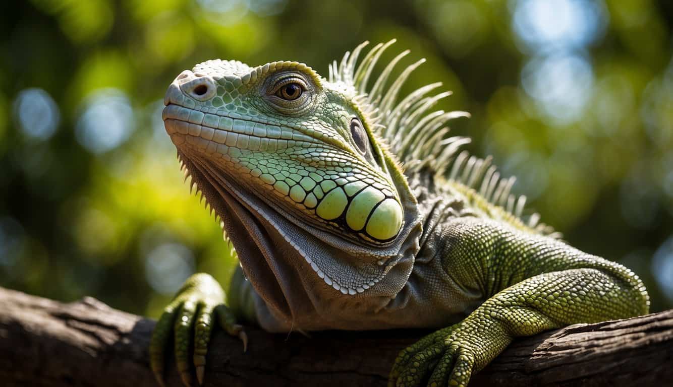A green iguana perches on a tree branch, basking in the sun. Its third eye is depicted as a small, translucent spot on its forehead, gazing out at the world around it